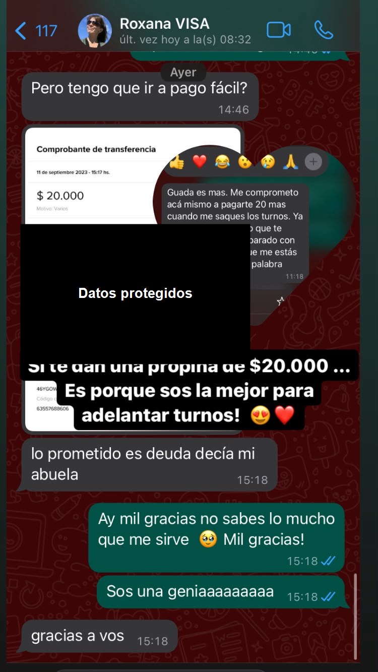 Captura de WhatsApp: una clienta agradece y deja una propina de 20.000 pesos por adelantarle el turno